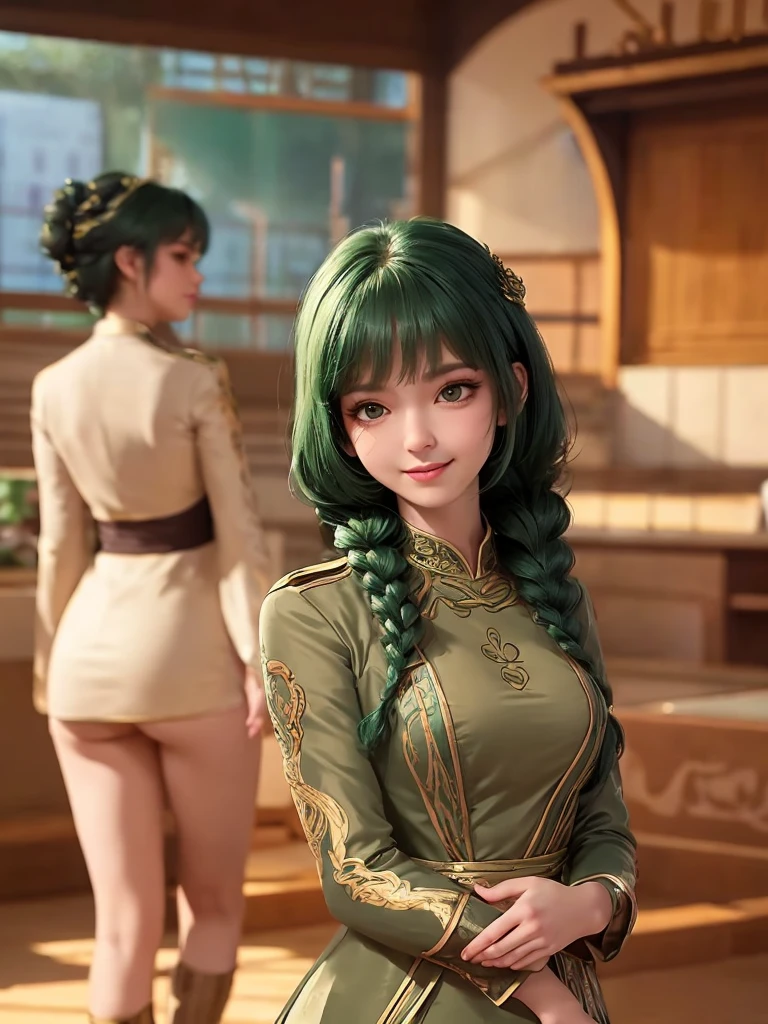 , Hairstyle-Green, No makeup, beautiful fair skin,1 lady only, /(Volleyball uniforms/), Bangs, Blushing smile, (Masterpiece Best Quality:1.2) Exquisite illustrations with rich details, Big BreastsBREAK /(Indoor volleyball court/)