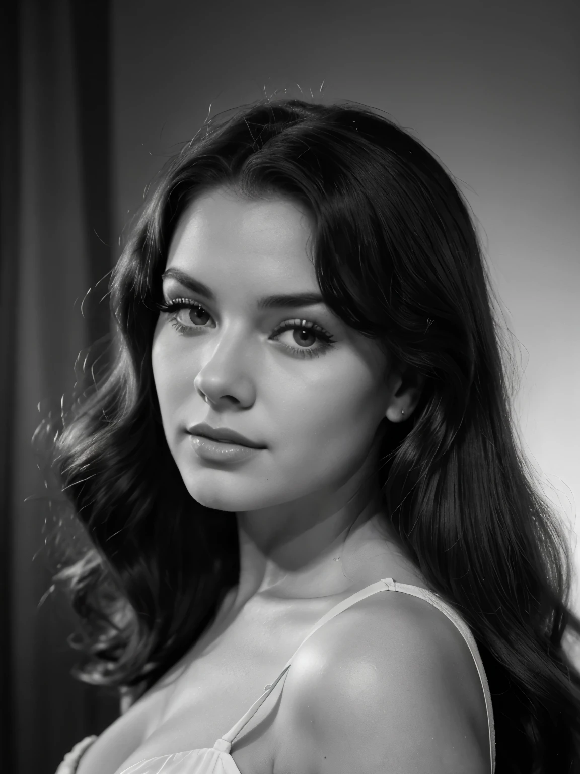 a black and white photo of a woman with long hair, vintage noir, old hollywood, 1 9 4 0 s haircut, by George Hurrell, by Earle Bergey, terry moore, vintage makeup, circa 1940s, by Lorraine Fox, gorgeous beautiful, gorgeous beautiful woman, beautiful face!!!!, by Stan Galli, beautiful face!
