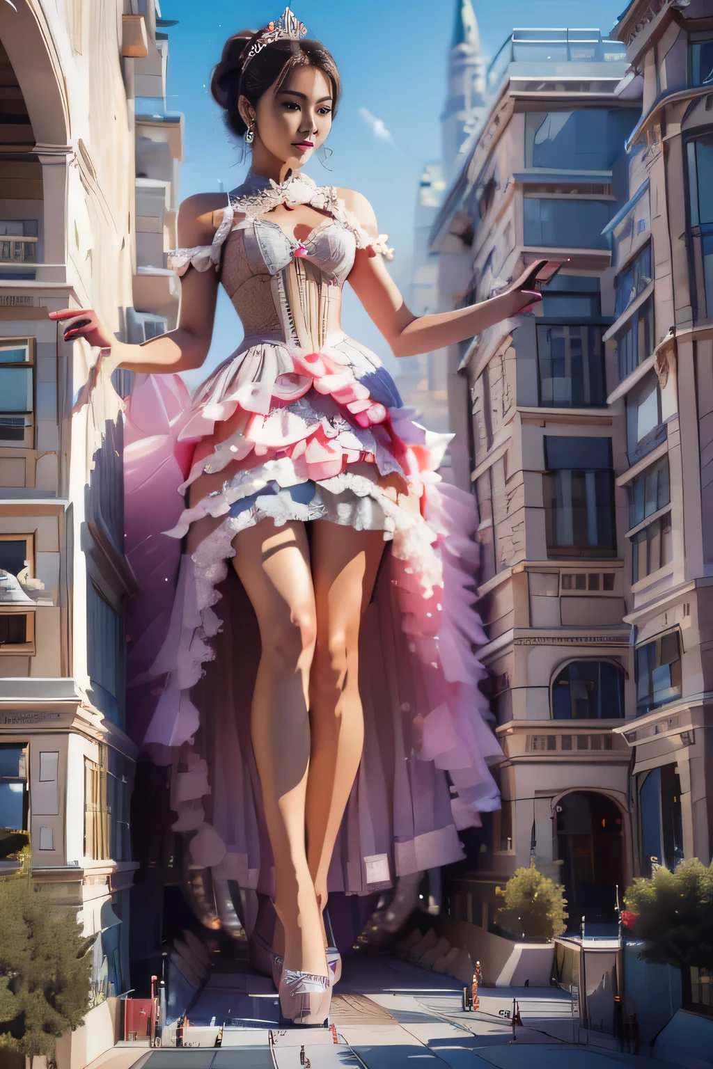 giantess art, highly detailed giantess shots, giantess, Two legs, Five fingers, short hair, super giant princess, A beautiful girl who is bigger than any skyscraper, Wearing rimless glasses, smile, Big Breasts, White gorgeous dress, White Pantyhose, white pantyhose, White stiletto sandals, toes visible through pantyhose, Destroying cities, A very small big city, Miniature metropolis, Full body description, GTS, giga giantess, stomping city, crash city, tiny city, micro city, pantyhose feet, High resolution, highest quality, masterpiece, princess dress, EdobSyFyCityLandscape, 
