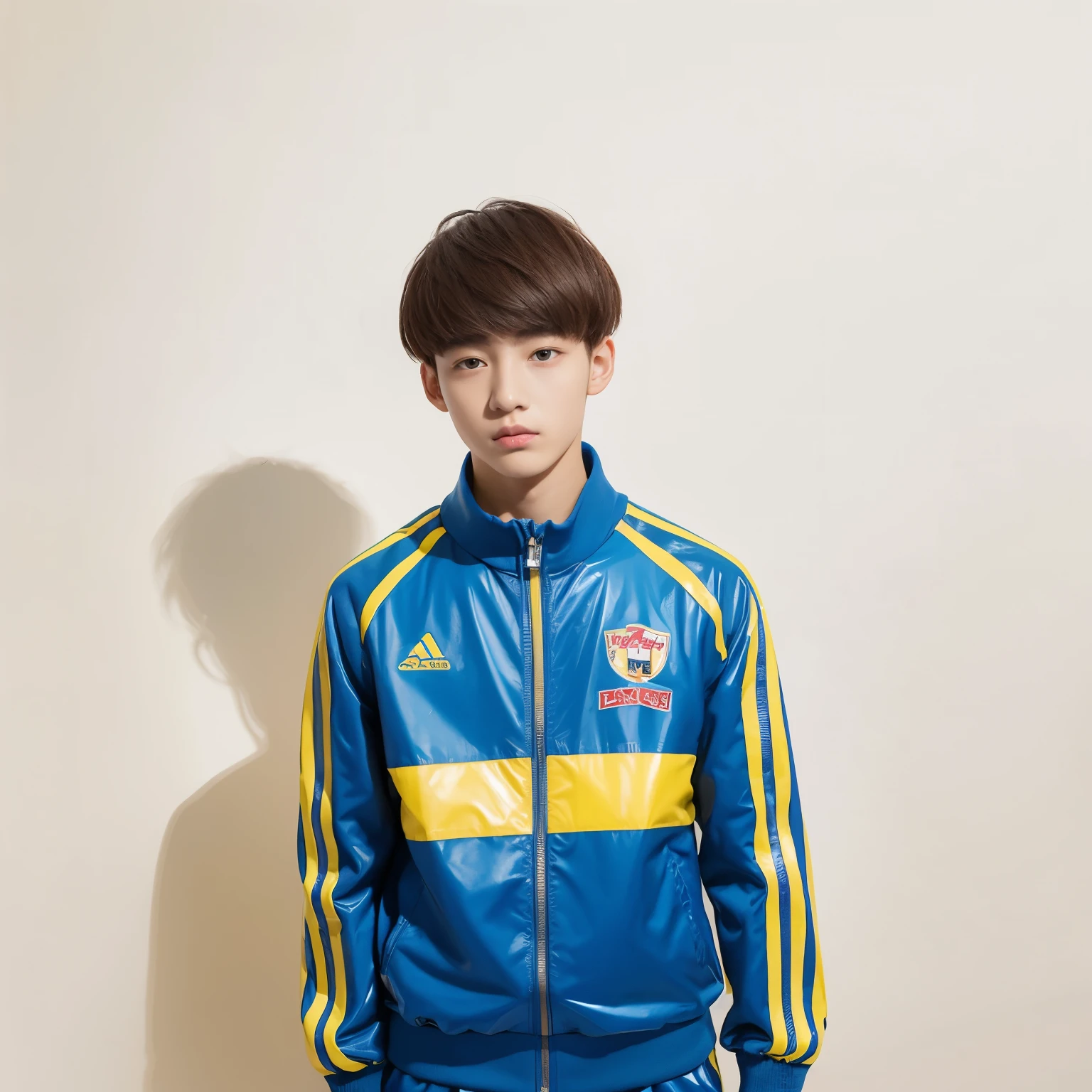 -yeld mahigh school student，Wearing PVC yellow-blue tracksuits，Short hair，red brown，face expressionless