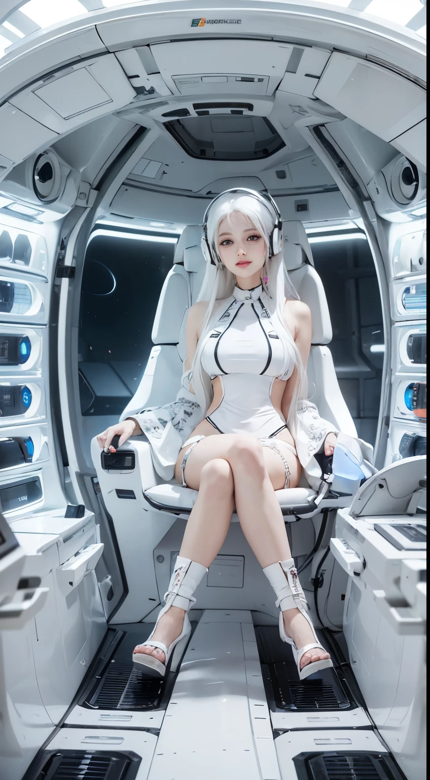 The enchanting woman raised her hand happily，Beautiful Women with Perfect Figure，Beautiful white skin，Beautiful eyes，Glossy lips，Lovely smile，White hair，Wear a bikini futuristic Lolita costume in white and black design，Headphones with functionality，Sitting inside the spaceship