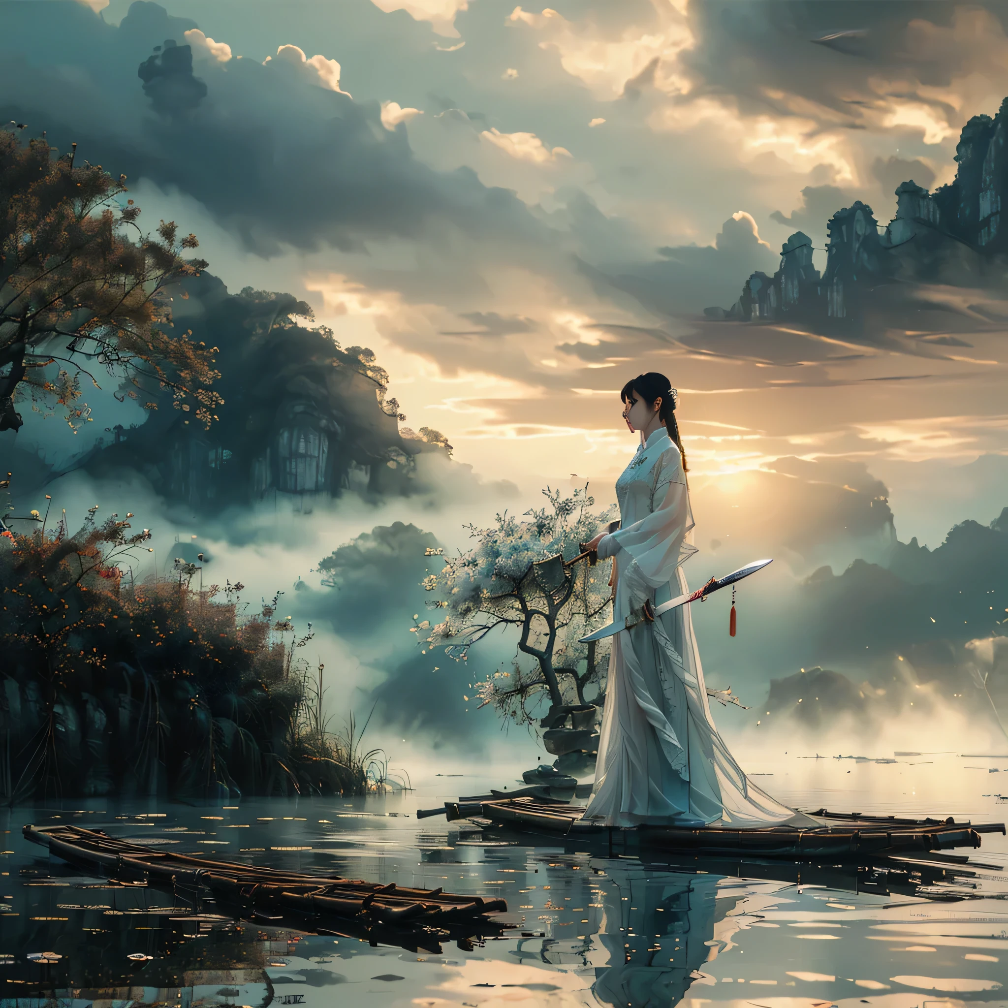 ((Masterpiece))), (((best quality))), ((Extremely detailed)), (highly detailed computer illustration), ((Very delicate and beautiful)),Cinema-grade lighting, blooming, tree, white leaf, one woman, black hair, set, Chinese clothes, cloud, cloudy, reflection, water, sunlight, standing, sword, hold sword.