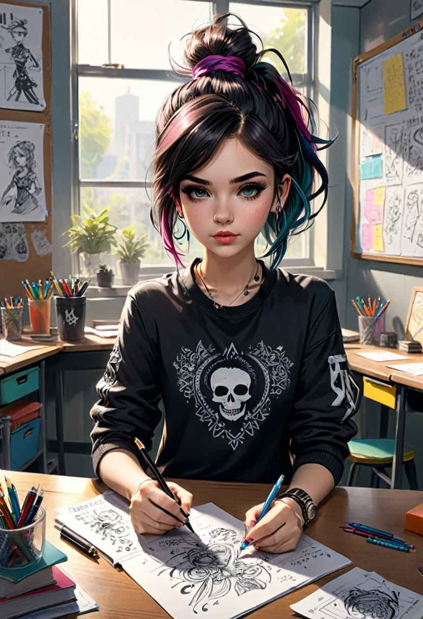 Mean Punk Girl, Doodling in the classroom, (masterpiece, best quality, Professional, perfect composition, very aesthetic, absurdres, ultra-detailed, intricate details:1.3)