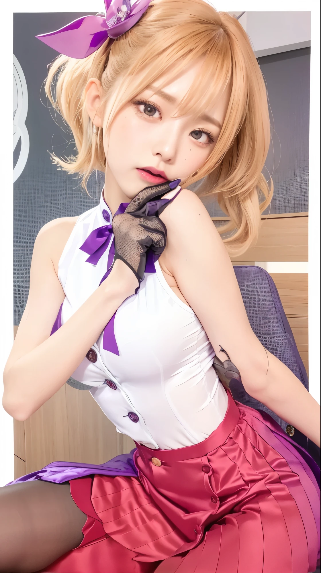 Purple Blazer,many of buttons,saliva,3 girls satin purple gloves,Purple pantyhose,Black shirt、Painful face