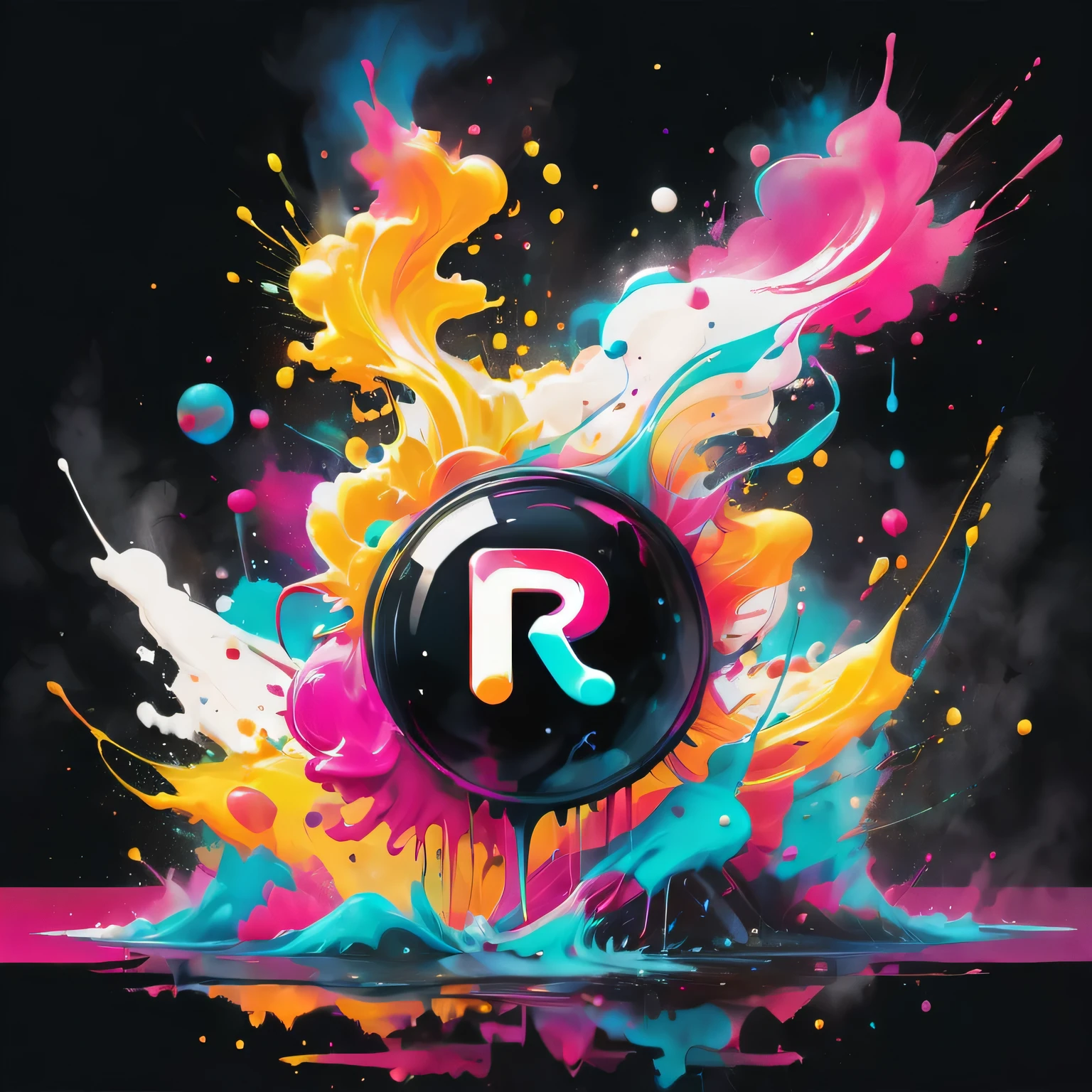 A logo for a tiktok page named RndmFcts. commercial photography, poderosa explosión de slime comes from the bottom of the shot in the image in a small stream and ends in the middle of the image in a large splash, paint splash, wet, artstation, by Lisa Frank, (cartoon, anime, flat colours, thin contours, pastel : 1.3), in the center of the explosion, white lighting, luz de estudio, 8K octane rendering, high resolution photography, buen detalle, incredibly detailed, en una llanura negra y aislada, foto de stock, professional color correction. The lettering RndmFcts should be in the middle.