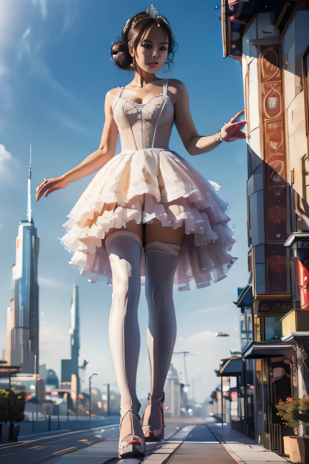 giantess art, highly detailed giantess shots, giantess, Two legs, Five fingers, short hair, super giant princess, A beautiful girl who is bigger than any skyscraper, Wearing rimless glasses, smile, Big Breasts, White gorgeous dress, White Pantyhose, white pantyhose, White stiletto sandals, toes visible through pantyhose, Destroying cities, A very small big city, Miniature metropolis, Full body description, GTS, giga giantess, stomping city, crash city, tiny city, micro city, pantyhose feet, High resolution, highest quality, masterpiece, princess dress, EdobSyFyCityLandscape, 