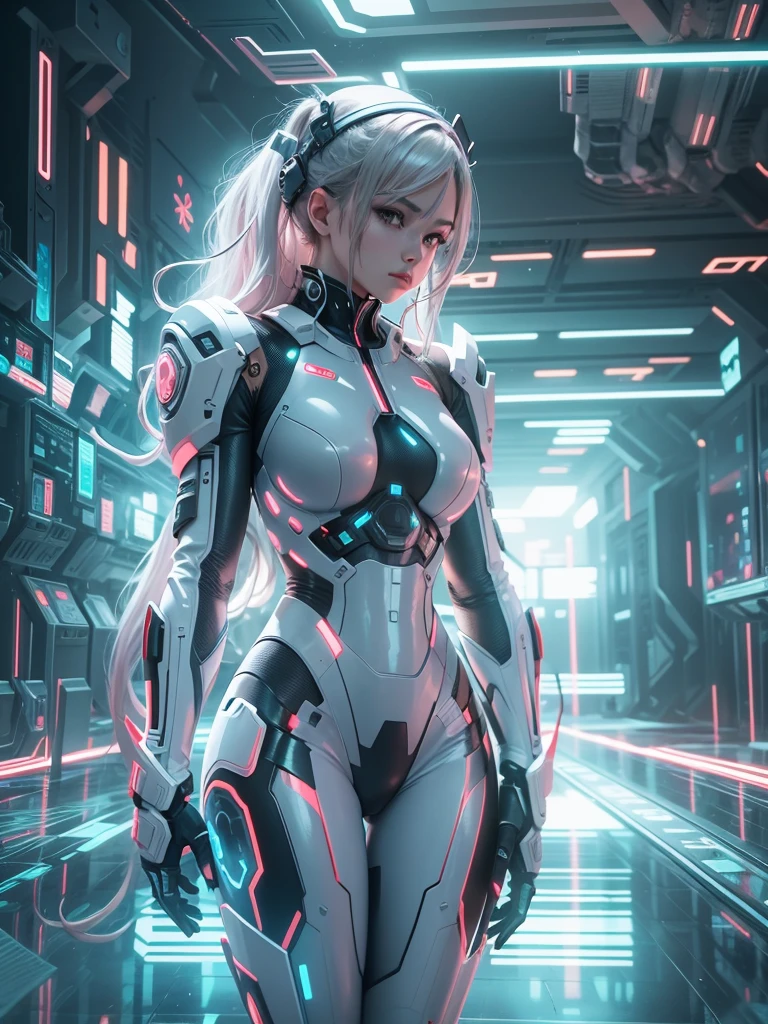 1 Girl,Future Technology服装，（White latex bodysuit：1.3），Glowing array lights on clothes，Soft Light，Mechanical belt，Future Technology，Future Technology发束，Android，Super Soldier，Dynamic poses，shooting，Holographic screen background，Super stunning graphics，ultra wide angle lens，best quality，masterpiece，8K，Unreal 5 Rendering，High contrast between light and dark，