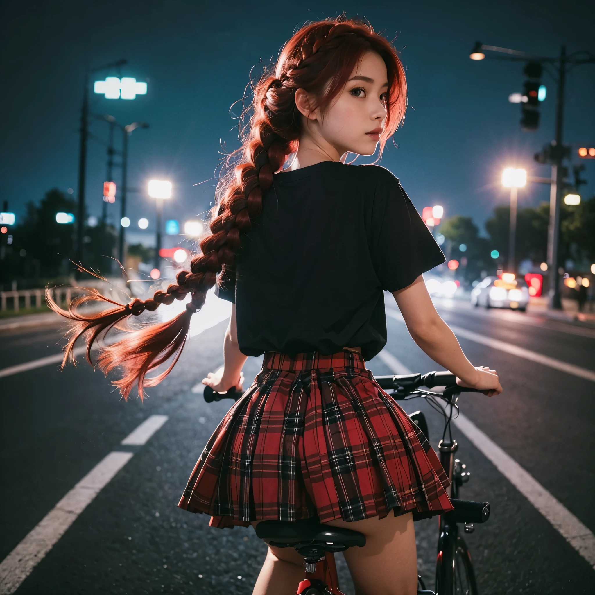 ((texture shading))), (((Best Quality))), (((masterpiece))) (((hyper realistic photo))) ultra detail photograph((very sharp photo result)) very low angle 18 years old full body shoot riding a bicycle,she look back at camera,(((braid red hair))), riding a bicycle back angle shoot, showing her back, teen japanese girl, red hair moving by winds, Ultra realistic night scene japan, (masterpiece:1.2), (teenage girl japan), little red tartan skirts wearing very long oversize black t-shirt, very shorts skirt, upskirt showing her white panties underwear, white long socks with sneakers, high detailed, 4K