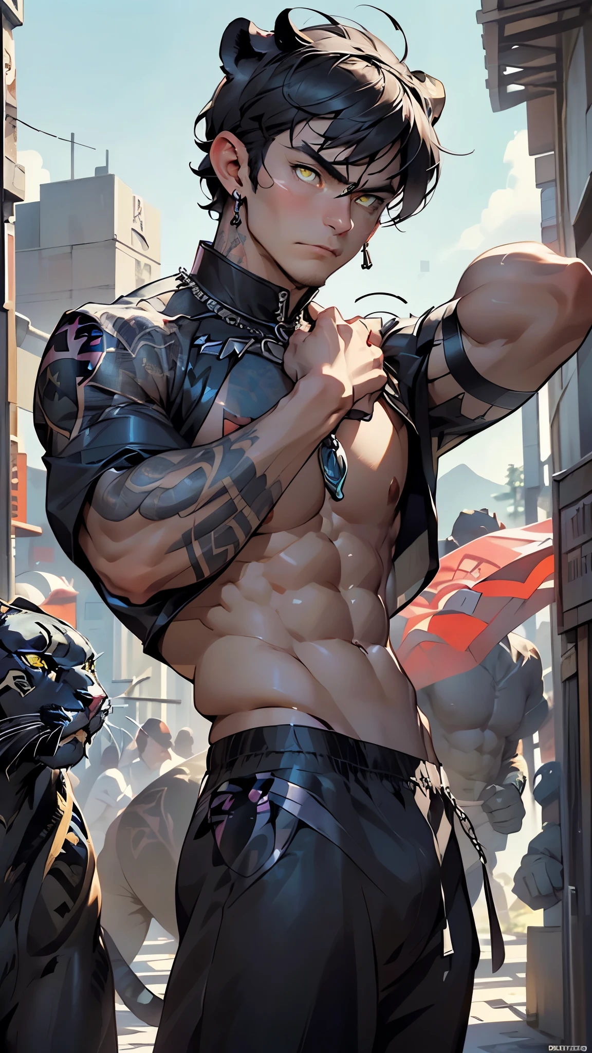 (man:1.5),1 man,male, muscle, (1boy:1.3), muscle, pectoral, muscular,Mature man,
(((panther man:1.5,panther-man:1.5))),(macho man:1.2),
(((panther ears:1.5,panther ears on head,big panther ears:1.5))),(large pectoral:1.4,),(((short hair,dark red hair,very short dark red hair))),(((lustrous skin:1.5,tanned skin,bright skin: 1.5,skin tanned,shiny skin,very shiny skin,shiny body))),((exaggerated muscles,exaggerated shoulders,very muscular and huge)),man chest,handsome face,((((muscular,hairy body,muscular man,tall,big biceps,abs,big thighs,broad shoulders,open chest)))),(((detailed face))),(((square jaw))),(ABS),,muscle,big muscle,pectoral,big pectoral, muscular,(((yellow_eyes:1.3))),intricate eyes,symmetrical eyes,((muscular:1.5)),((toned body)),
angry,((nsfw)),
((muscle legs,muscular thighs,strong and muscular,muscular,(ABS:1.1))),fit,((arm muscles,leg muscles)),(bulky:1.2)),((expression is usually fierce and wild)),
(((bare chest,naked torso))),(black linen tunic, himation),((bulge in tunic)),((chains)),(earrings),(loincloth),(exposed navel),(((elaborate and intricate tattoo,tribal tattoos))),((tribal clothes:1.5)),(barbarian fur crop top),(wearing brown furs and hides),(leather straps),(((red war paint all over his body)))),(((intricate outfit,intricate clothes,ornate outfit))),
(dynamic pose:1.0),(centered,scale to fit dimensions,Rule of thirds),
((mountain)),scenery:1.25,((intricate scenery)),((mountain background)),
(Glossy tribal ornaments),highres,sharp focus,(ultra detailed,extremely detailed),(photorealistic artwork:1.37),(extremely detailed CG unity 8k wallpaper),(((vibrant colors,vibrant theme))),(intricate),(masterpiece),(best quality),artistic photography,(photography taken by sldr),(intricate background),perfect rendered face,perfect face details,realistic face,photo realistic,((intricate detail)),(((realism))),