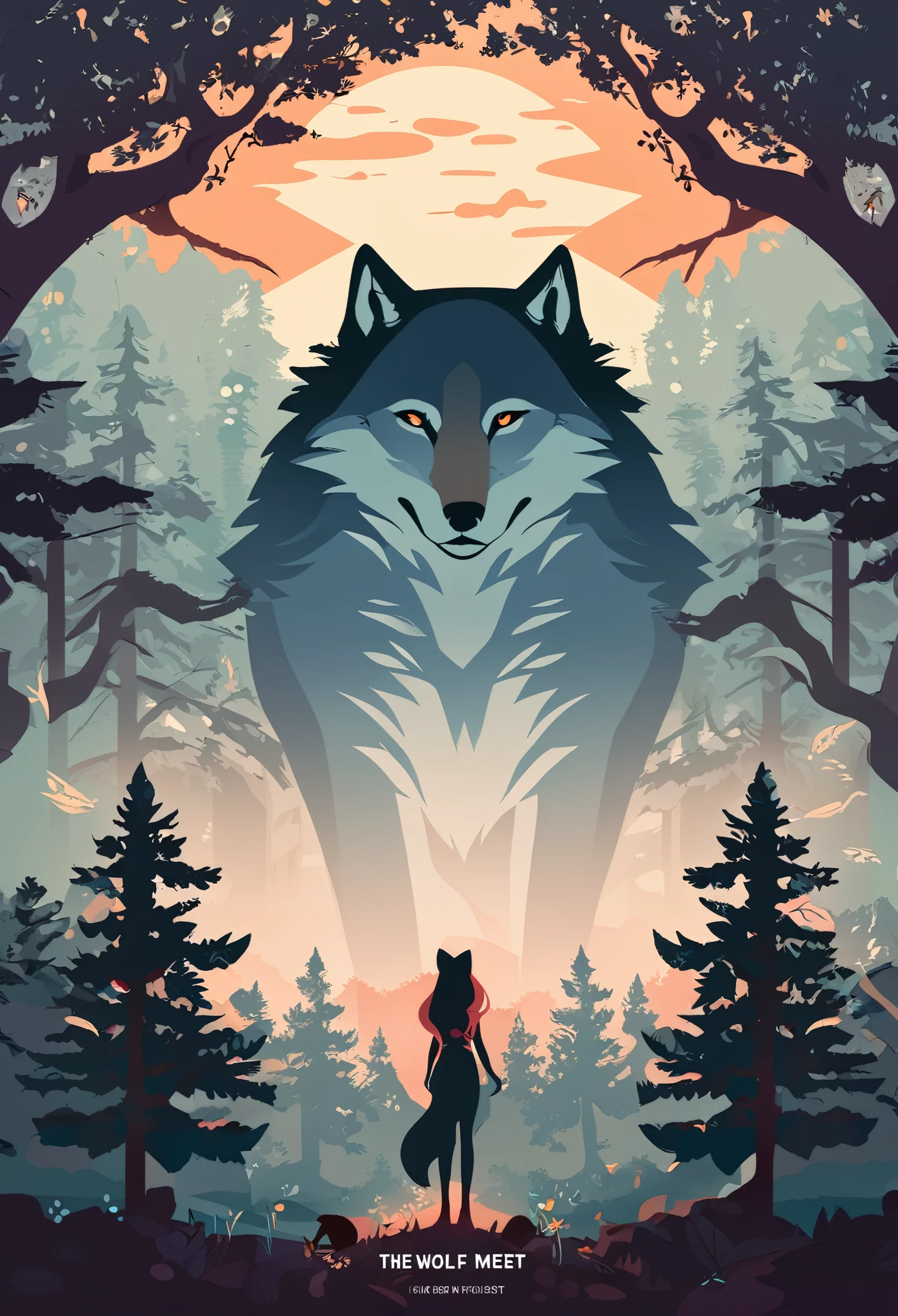 cover page, A girl and a wolf meet in the forest, flat Design, vector illustrations, graphic illustration, detailed 2d illustration, flat illustration, digital illustration, digital artwork,