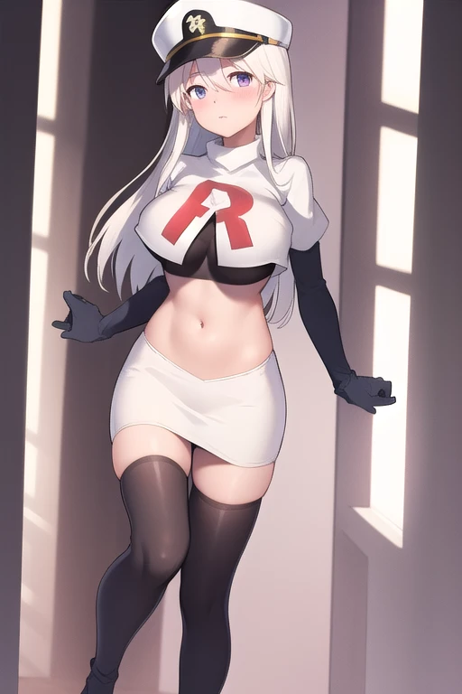 (masterpiece, best quality:1.2),illustration,8k,hd,1girl,solo,long_hair,hat,white hat,white_hair,peaked_cap,purple_eyes,breasts,shirt,very_long_hair,large_breasts,zettai_ryouiki,military_hat,bangs,hair_between_eyes,team rocket,team rocket uniform,white skirt,red letter R,crop top,black thigh-highs,black elbow gloves,blush,