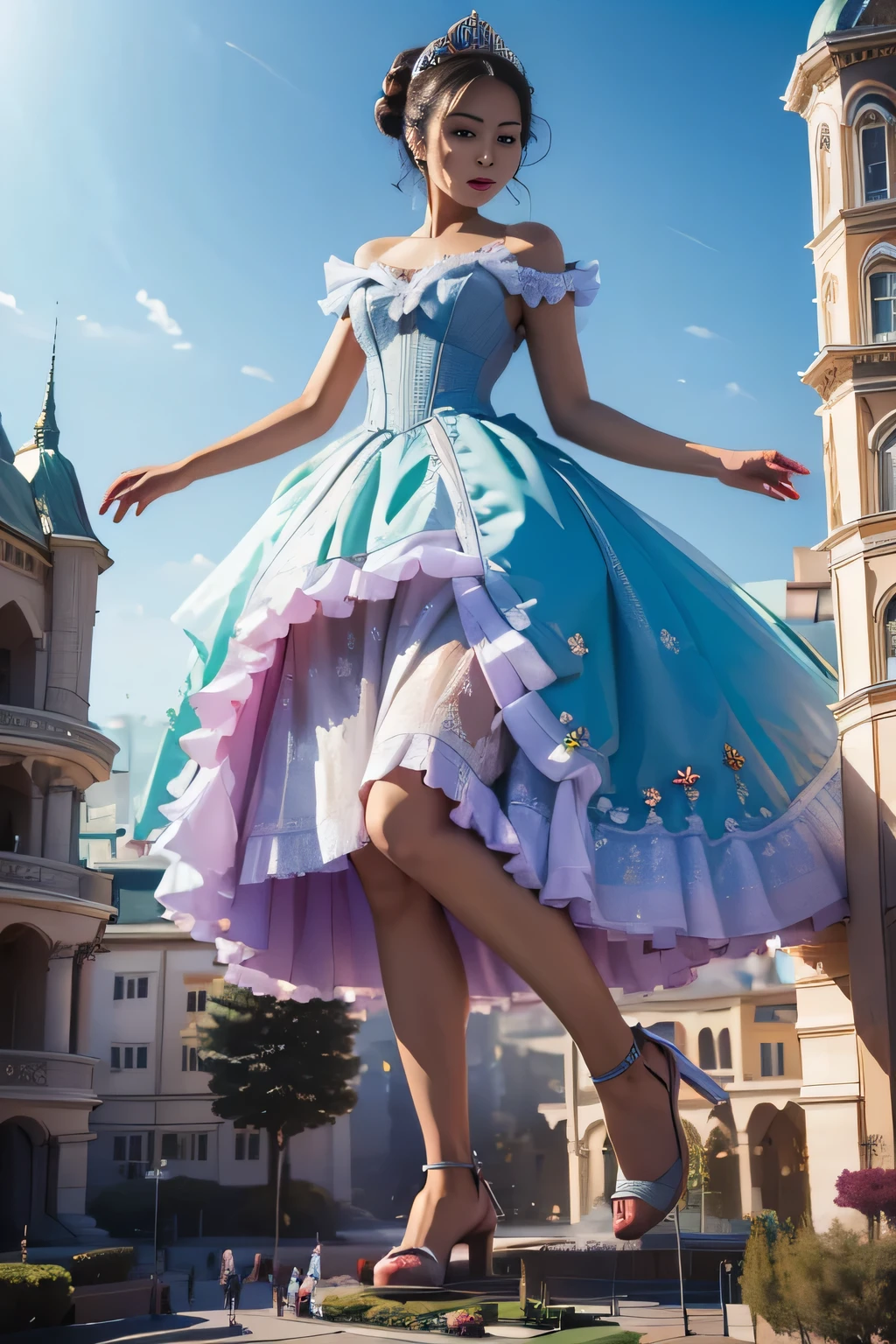 giantess art, highly detailed giantess shots, giantess, Two legs, Five fingers, short hair, super giant princess, A beautiful girl who is bigger than any skyscraper, Wearing rimless glasses, smile, Big Breasts, White gorgeous dress, White Pantyhose, white pantyhose, White stiletto sandals, toes visible through pantyhose, Destroying cities, A very small big city, Miniature metropolis, Full body description, GTS, giga giantess, stomping city, crash city, tiny city, micro city, pantyhose feet, High resolution, highest quality, masterpiece, princess dress, EdobSyFyCityLandscape, 