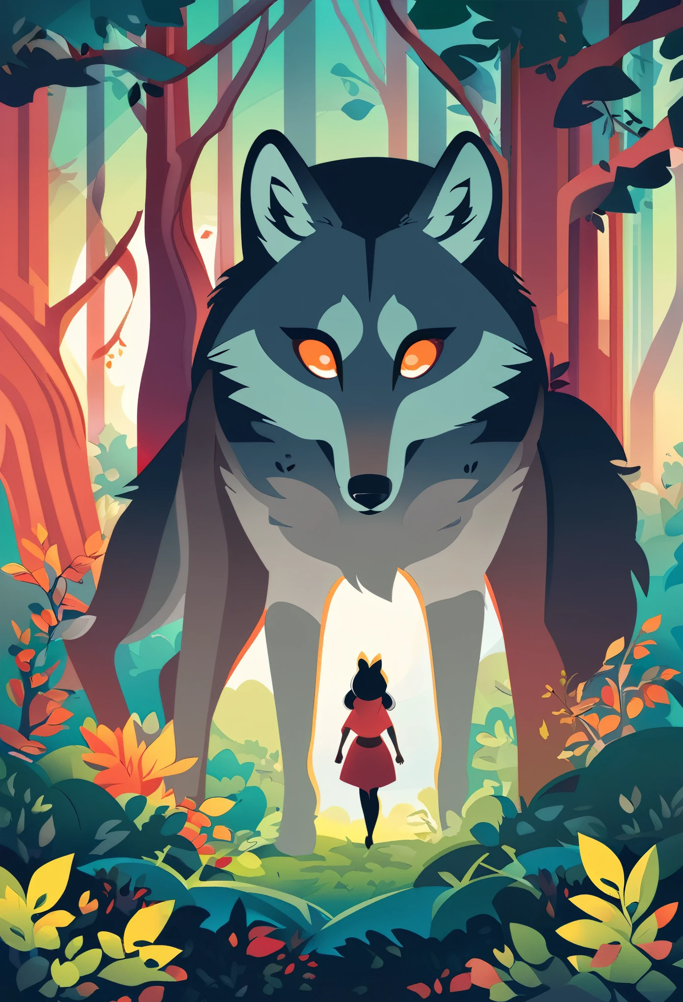 cover page, A girl and a wolf meet in the forest, flat Design, vector illustrations, graphic illustration, detailed 2d illustration, flat illustration, digital illustration, digital artwork,