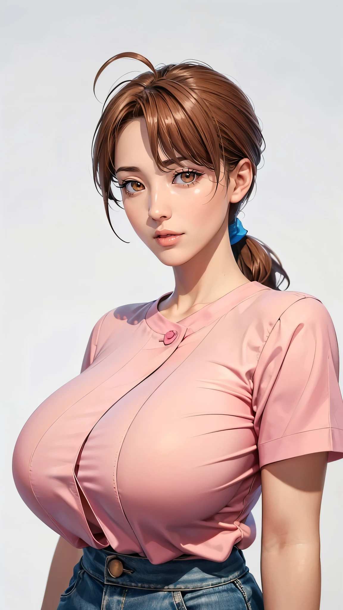 （（（完美figure，figure，solo， （（（pink shirt, blue skirt, ））），（（（pkmndelia，DeliaKetchum，Light brown eyes, brown hair, low ponytail））），((masterpiece)),high resolution, ((Best quality at best))，masterpiece，quality，Best quality，（（（ Exquisite facial features，Looking at the audience,There is light in the eyes，(（（lol，Happy，））），））），（（（Light and shadow，Huge breasts））），（（（Looking at the camera，White background)）））