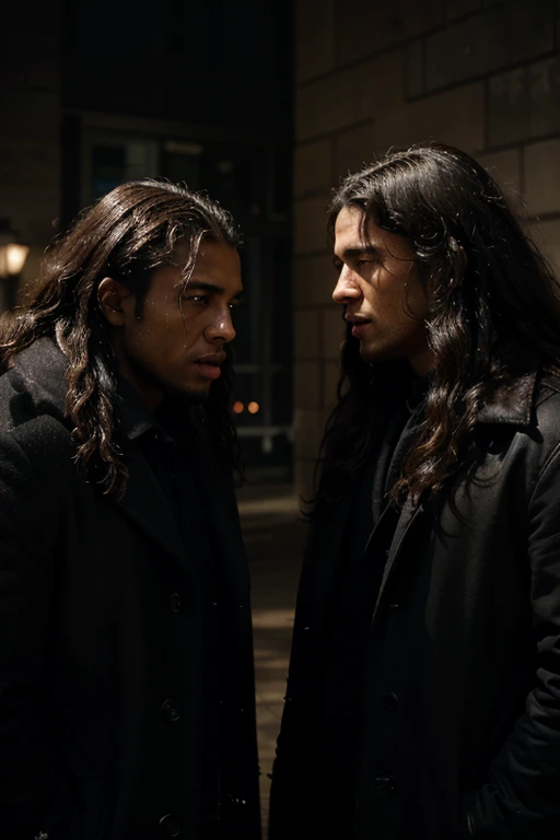 photorealistic portrait of 2 men conversing, one man has dark skin, wearing a black coat, has curly hair, the other man has very light skin, has dark straight long hair, extremely detailed, 8k, hyperrealistic, masterpiece, cinematic lighting, dramatic shadows, realistic skin texture, high contrast, vivid colors, award winning photograph