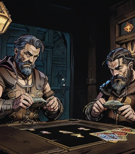 ((( 2 Cabal creatures are dueling on the card table , 2 creatures of darkness are battling on the card table, 2 mystical creatures are comforting each other on the card table )), (((in the view of the spectator watching the duel . )))