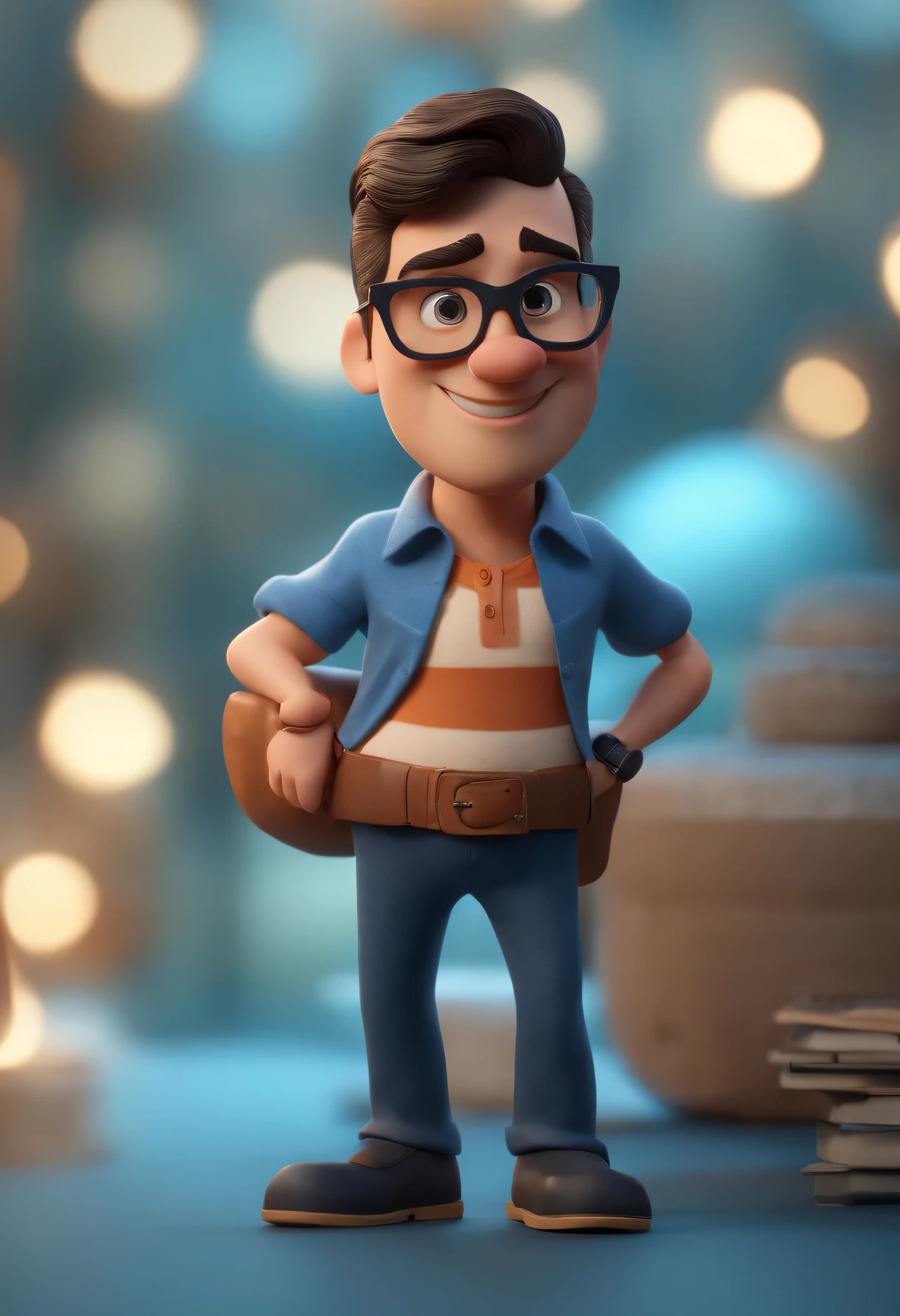 Cartoon character of a man with black glasses and a blue shirt, animation character, Caractere estilizado, animation style rendering, 3D estilizado, Arnold Maya render, 3 d render stylized, toon render keyshot, Personagem 3D, Personagem 3D, 3d rendering stylized, 3 d character render, personagem de desenho animado, Personagem de close up, Pose de personagem, (Estilo Pixar) (master part:1.2) (Bokeh) (best quality) (pele detalhada) (textura detalhada) (8k) (argila) (Cinematic lighting) (sharp focus