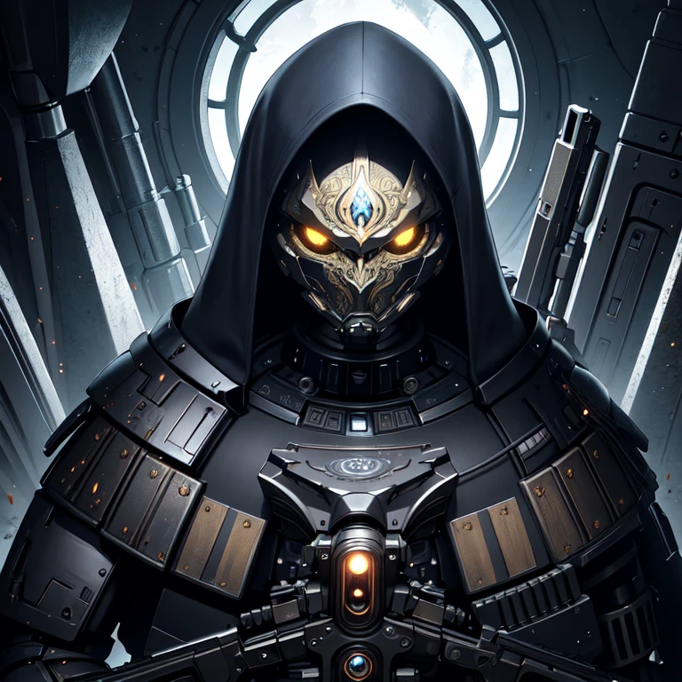 (masterpiece, best quality:1.3),extremely high detailed, intricate, 8k, HDR, wallpaper, cinematic lighting, (universe),gun,(shooting position), glowing, armor, glowing eyes, mecha, large wings,