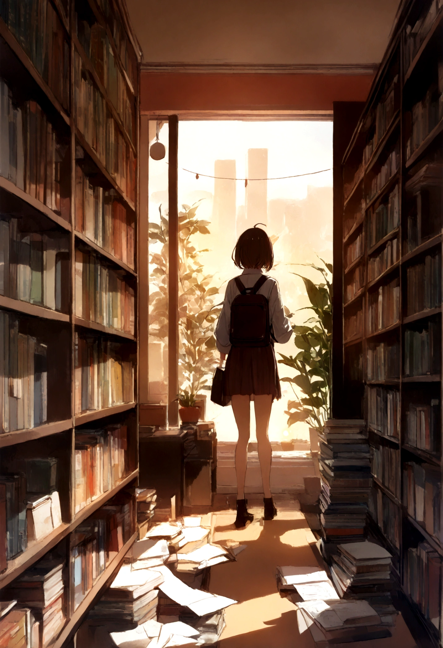 library, sunset, interior, books, office, stacks of paper, cartoon, 4k, high resolution, best quality, masterpiece, perfect colors, perfect shadows, plants, perfect lighting, posted on e621, (by Chunie, by Einshelm), ((Bonifasko lighting))