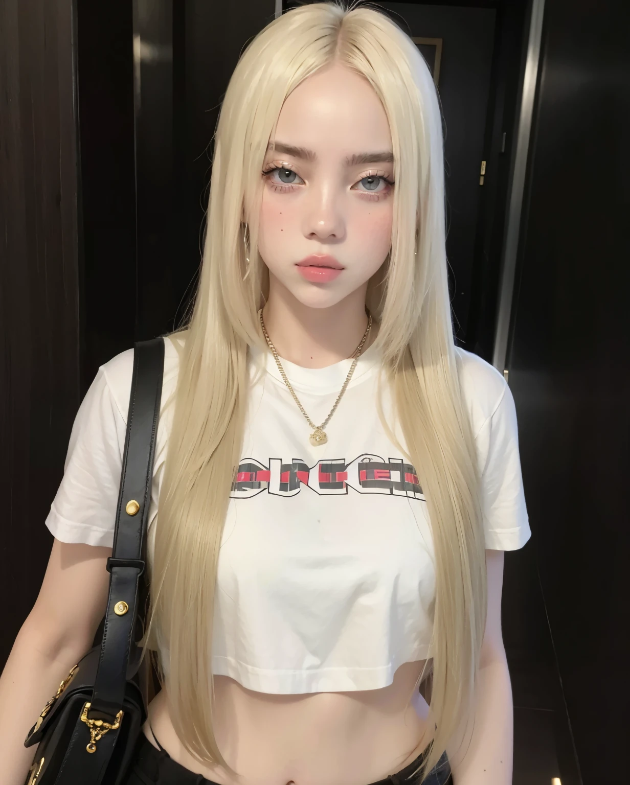 mulher loira com cabelos longos, vestindo uma camisa branca e uma bolsa preta, jennie blackpink, her hair is white, very very pale blond hair, branco hime corte penteado, jossi do blackpink, Parque Roseanne do Blackpink, com cabelos longos, extremely pale blond hair,  coreana, com cabelos longos brancos, O corte Hime, Retrato de Jossi de Blackpink, cabelos lisos brancos