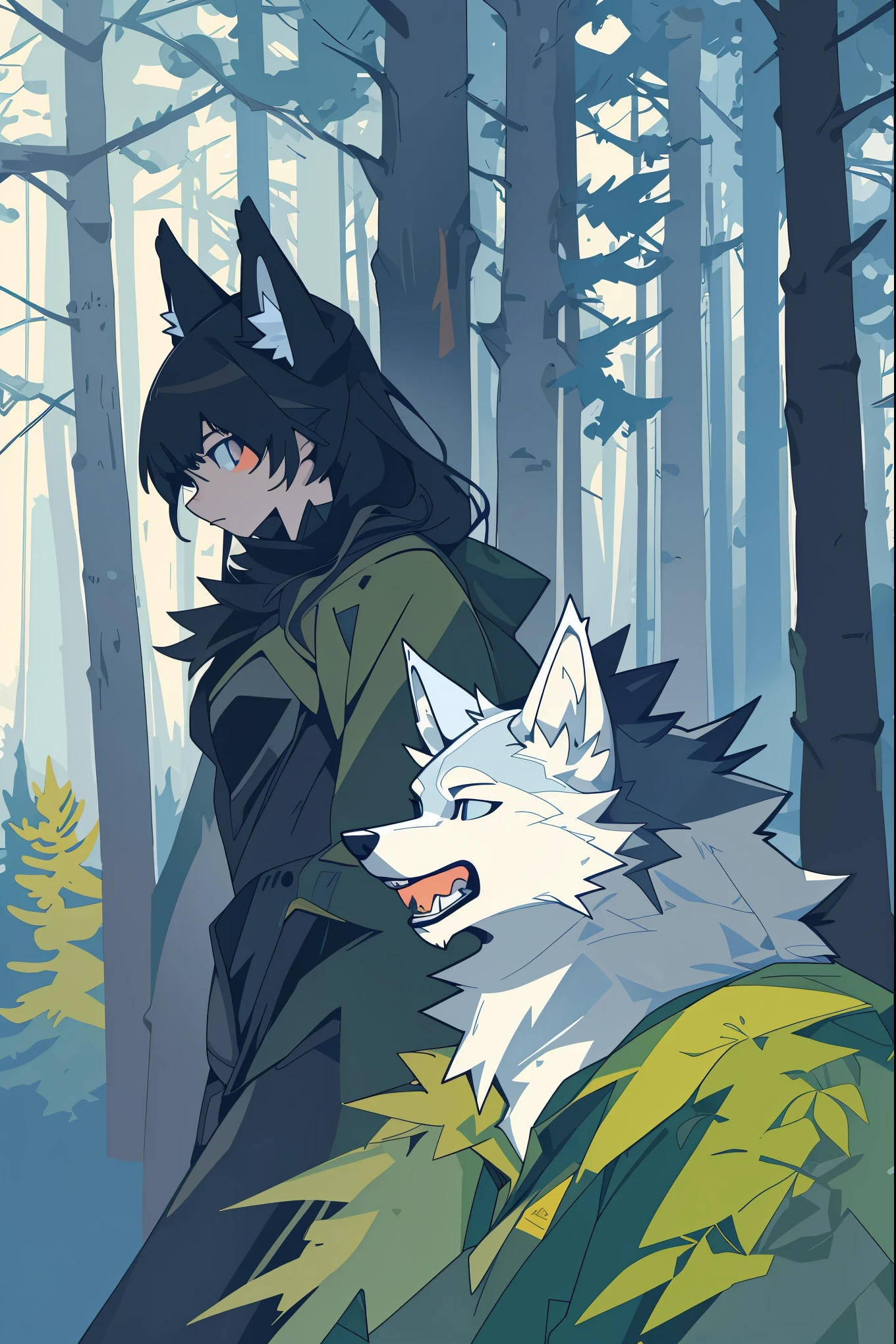 cover page, A girl and a wolf meet in the forest, flat Design, vector illustrations, graphic illustration, detailed 2d illustration, flat illustration, digital illustration, digital artwork,