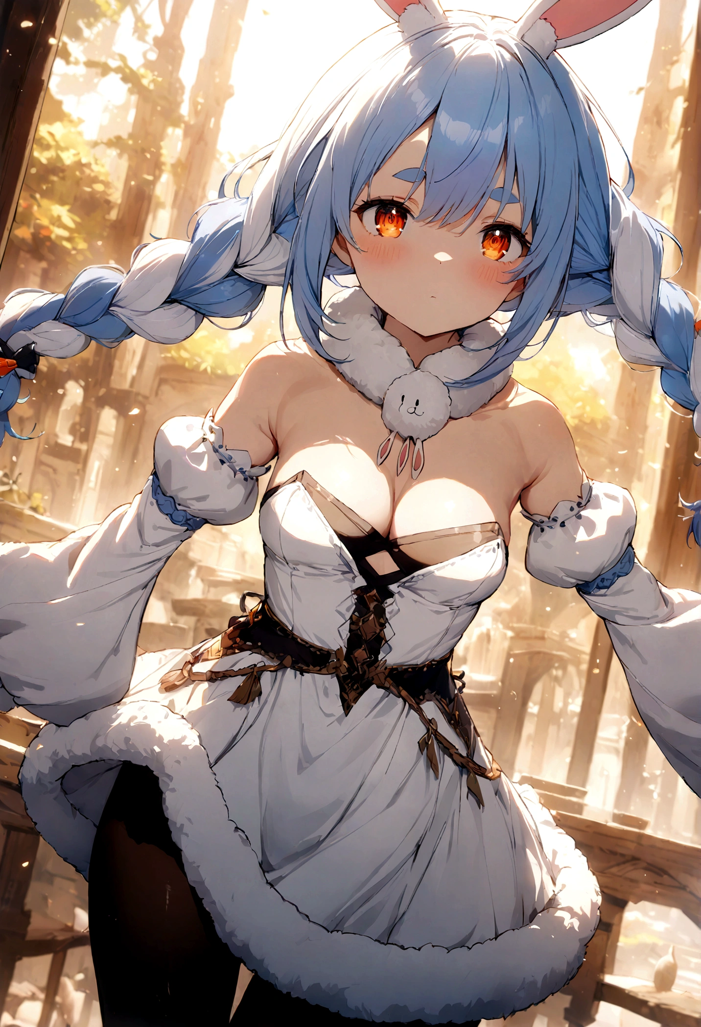 masterpiece, highest quality, anime, Highly detailed face, Highly detailed eyes, Highly detailed background, Perfect lighting, One Girl, PekoraBase, orange eyes, thick eyebrows, rabbit ears, two-tone hair, blue hair, white hair, long hair, twin braids, hair ornament, fur collar, white dress, fur-trimmed dress, bare shoulders, black leotard, strapless, cleavage, detached sleeves, puffy short sleeves, black gloves, black pantyhose