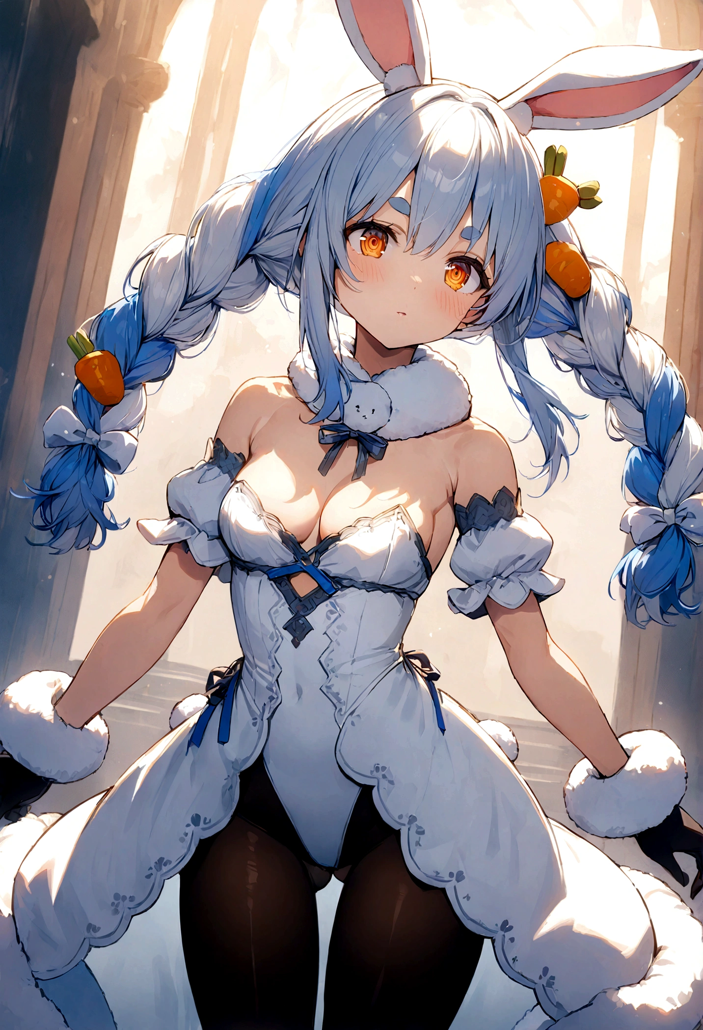 masterpiece, highest quality, anime, Highly detailed face, Highly detailed eyes, Highly detailed background, Perfect lighting, One Girl, PekoraBase, orange eyes, thick eyebrows, rabbit ears, two-tone hair, blue hair, white hair, long hair, twin braids, hair ornament, fur collar, white dress, fur-trimmed dress, bare shoulders, black leotard, strapless, cleavage, detached sleeves, puffy short sleeves, black gloves, black pantyhose