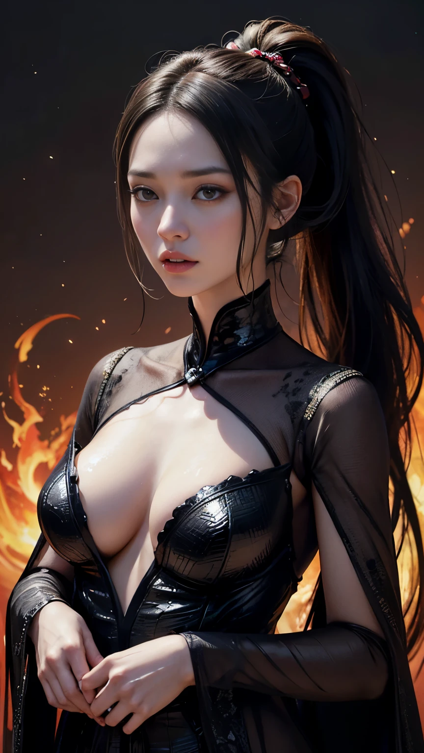 (highest quality,4K,8k,High resolution,masterpiece:1.2),Very detailed,(Realistic,photoRealistic,photo-Realistic:1.37), Close-up of a woman with dark hair and wearing a black dress, 20-year-old woman、(ponytail:1.3)、Dark Theme、Calm colors調、Calm colors、High Contrast、(Natural skin texture、Hyperrealism、Soft Light、sharp)、(Masseter region:1.3)、Beautiful expression、(A vivid face)、Beautiful Hairstyles、Realistic eyes、Beautiful details、（Realistic Skin）、Beautiful skins、（black lace bodysuit）、Absurd、Golden Ratio、Center of chest、Supermodel、Dark Eyes,an  ominous笑顔,Evil Aura,Burning Flames,Soul Corruption,Dark Shadows,an  ominous雰囲気,Strange symbols,Cursed Land,Eternal Darkness,An unforgettable presence,Grotesque features,Horror Scene,nightmare to be born kimono,twisted reality,Scary atmosphere,A wonderful work of art,Evil Unleashed,Supernatural horror,Spooky art,nightmare fuel,Terrifyingly clear,Abstract fear,Terrifyingly beautiful,A devilish masterpiece,Fear incarnate,Shadow Chaos,A devilish existence,to be born々Shii Darkness,in style of Dark Fantasy Art, Dark Fantasy Art, 美しく優雅なdevilの女王, Dark Fantasy Art, fantasy dark art, Dark fantasy digital art, Gothic fantasy art, Gothic Dark Maiden, Detailed Texture,Spooky creatures,an  ominous雰囲気,Mythical,Space horror,darkness,Mysterious,Dark aesthetic,Fog Background,Eyes of another world,Ancient Gods々, Powerful wizard, Mysterious森の中に立つ. Flowing robes decorated with symbols, Arms stretched out, Powerful,Tentacles,Pitch black blackness,Majestic,Unfathomable depth,nightmare,The existence of the universe,an  ominous存在,seeping darknesss,Secrets of the Universe,that&#39;terrible,that (Spooky atmosphere), (Cartoon-like atmosphere),(granular), (Dramatic Shadows), (Dynamic pose), ((Artistically expressed)), ((attractive), (Gothic), (Mysterious Setting), (Moody color palette), (Skillfully drawn), (sense of unease), (Intricate details), (an  ominous smile), (an  ominous), (attractive eyes), (Horror elements), (attractive composition), (Impressive anatomy),(Striking contrast)), (Exquisite craftsmanship), (Interesting character designs)、Dark Fantasy Portrait, Portrait of the Dark Goddess, Satan Girl,devil,