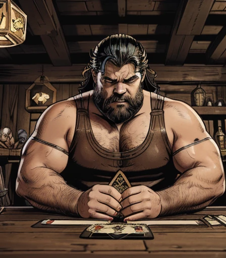 He is sitting facing the viewer Holding his cards with both hands. He looks menacing, Just chubby plump extremely thick thighs (melhor qualidade,4K,8k,high resolution,obra de arte:1.2),ultra-detalhado,realista:1.37,homens,grown-up homens,old homens,fat white muscular homens,cabelo da barriga,large bulges, (((he is in a viking tavern holding magic cards with his hands, he is in a game of magic cards inside a bad tavern, he wears a mystical wizard&#39;s overcoat))). pants,camisa xadrez,barba,nojento,60-year-old homens,family,pai,barriga de urso,terno de abertura. Sentado na beirada da cama. apenas usando sunga no corpo. Looking at the spectator gesturing with his hands. Asking for your hand, pedindo um objeto., Se adequa, vetor, mwvetor