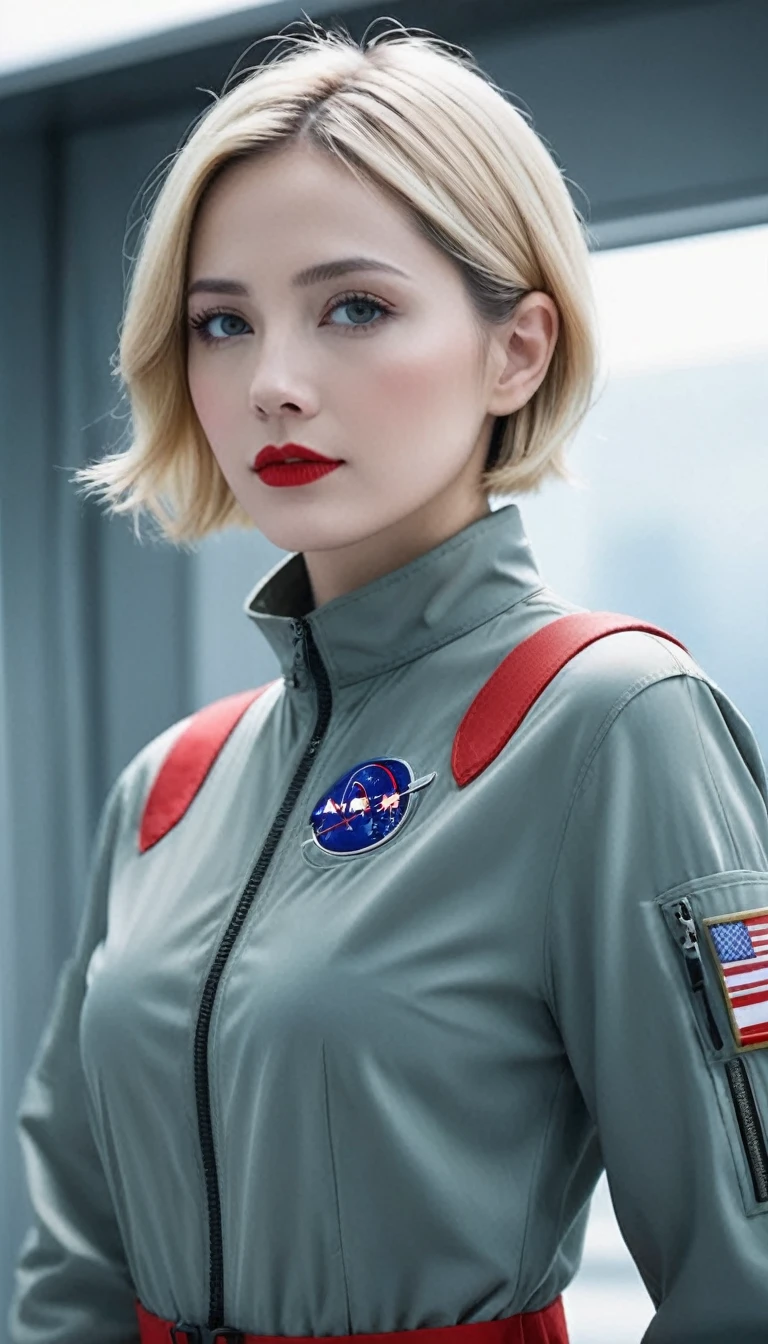 (((Surreal woman)))、((Very beautiful 30-year-old white woman))、(((Big rift)))、future female pilot、
short hair、Blonde mature woman、Fat body type、Beautiful expression、Detailed scarlet eye、Living on a giant space station、red lips、((Wearing a red flight suit))、(((Solitary)))、