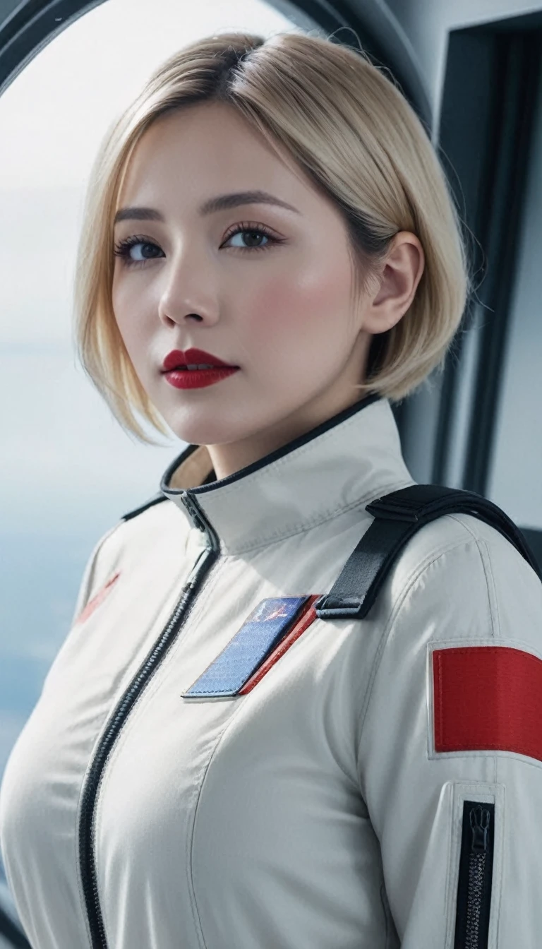 (((Surreal woman)))、((Very beautiful 30-year-old white woman))、(((Big rift)))、future female pilot、
short hair、Blonde mature woman、Fat body type、Beautiful expression、Detailed scarlet eye、Living on a giant space station、red lips、((Wearing a red flight suit))、(((Solitary)))、