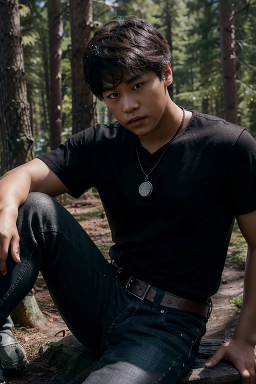 Ki Hong Lee, Minho, Wolf, 18 years old, short messy dark brown hair, black eyes, red shirt with black collar, leather belt, dark black jeans, silver moon pendant, black jeans, black misty forest background.