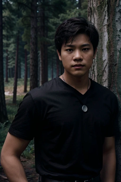 Ki Hong Lee, Minho, Wolf, 18 years old, short messy dark brown hair, black eyes, red shirt with black collar, leather belt, dark black jeans, silver moon pendant, black jeans, black misty forest background.