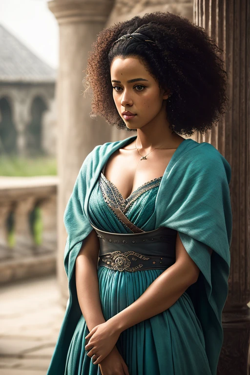 portrait photo of SCANTILY CLAD missanxx a black woman with short afro hair, wearing a teal gown in a royal palace in game of thrones, modelshoot style, (extremely detailed CG unity 8k wallpaper), photo of the most beautiful artwork in the world, professional photorealistic picture, NIKON, RAW, trending on ArtStation, trending on CGSociety, Intricate, High Detail, Sharp focus, dramatic, photorealistic painting art by midjourney and greg rutkowski 