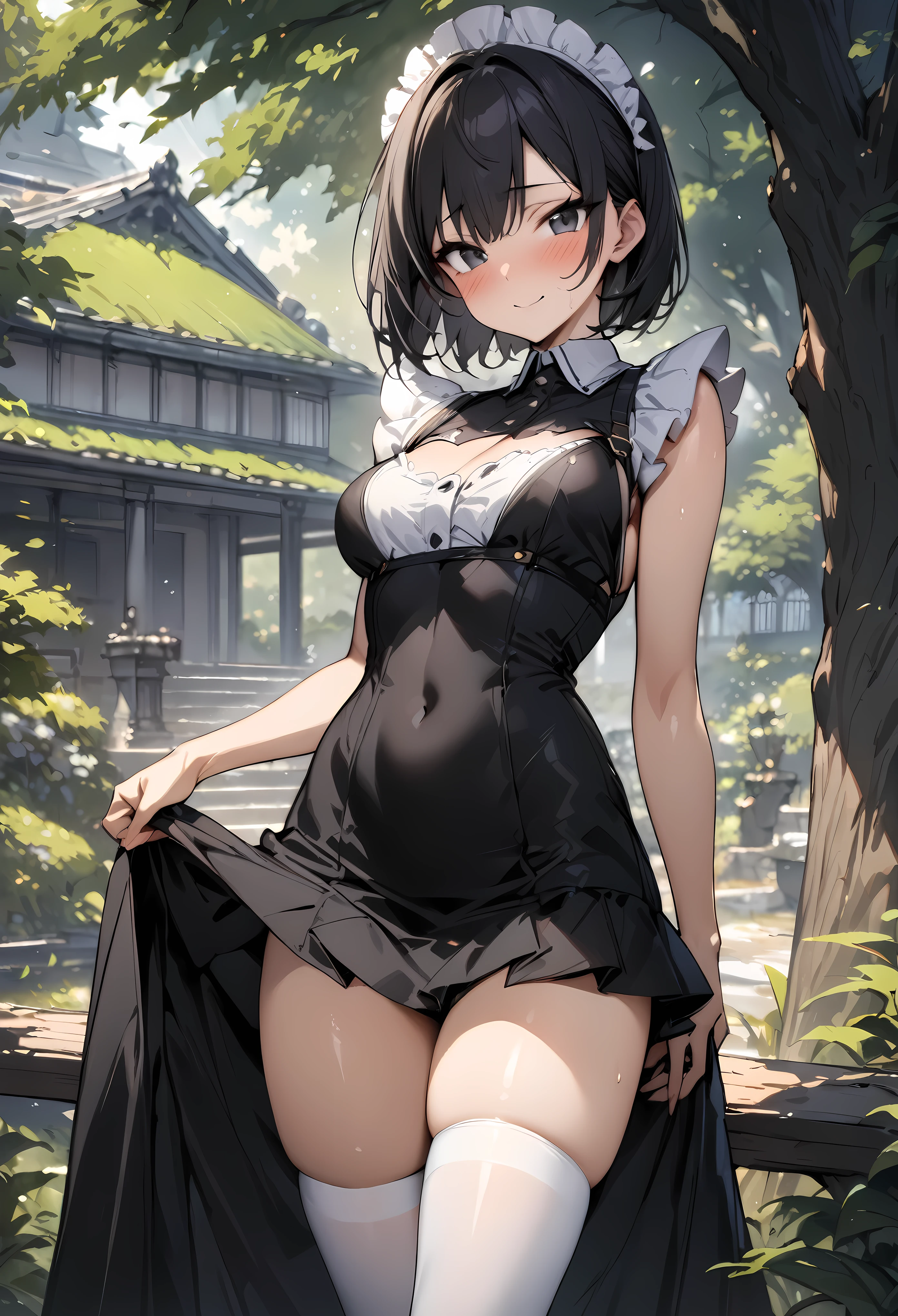 (((masterpiece, highest quality:1.3))),cowboy shot,25 year old beauty, solo,((very small head)),short bob hair,bangs,black hair,black eyes,blush,smile,medium breasts,(((very long body,slender body))),skinny,gleaming skin,oily skin,japanese maid black dress,White brim,mini skirt,white_thighhighs,standing,garden、Trees、Garden of a large old mansion、