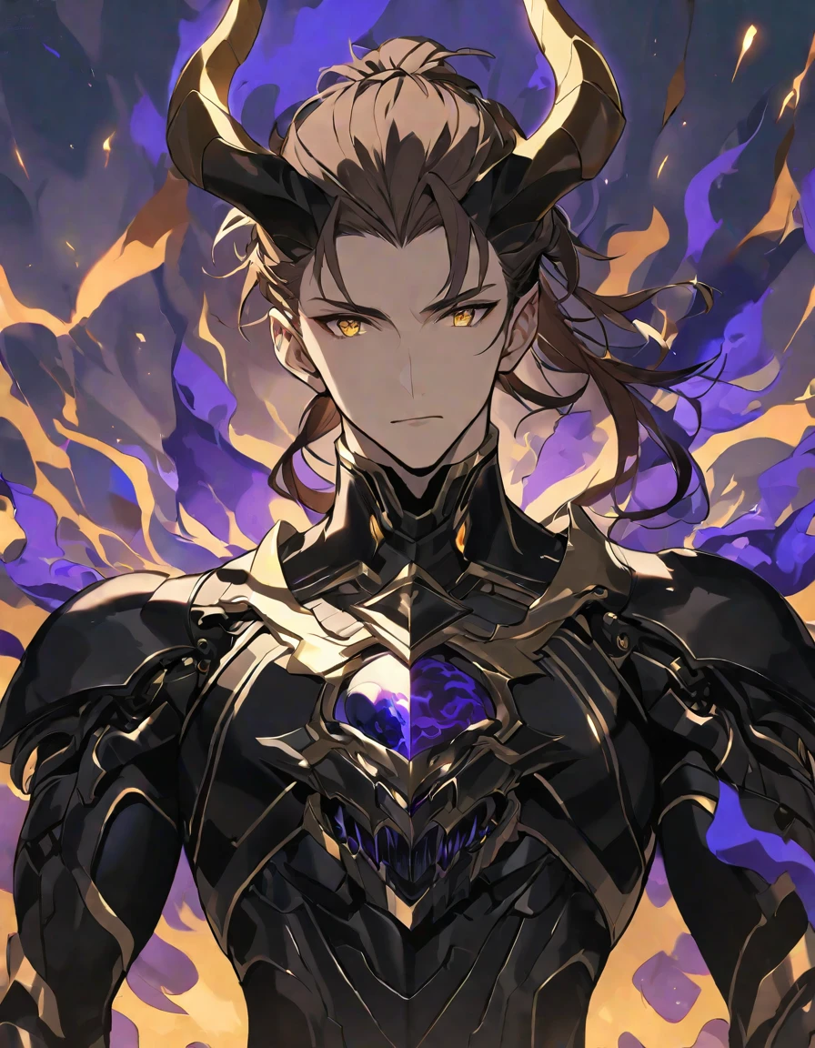 One, handsome, 1 man, with a Thin model body, ultra black and super black detailed armor-suit with glowing gold details from under the armor, Baby face, black Fire horns, long hair, brown hair, tied hair, golden eyes, black threads, black light