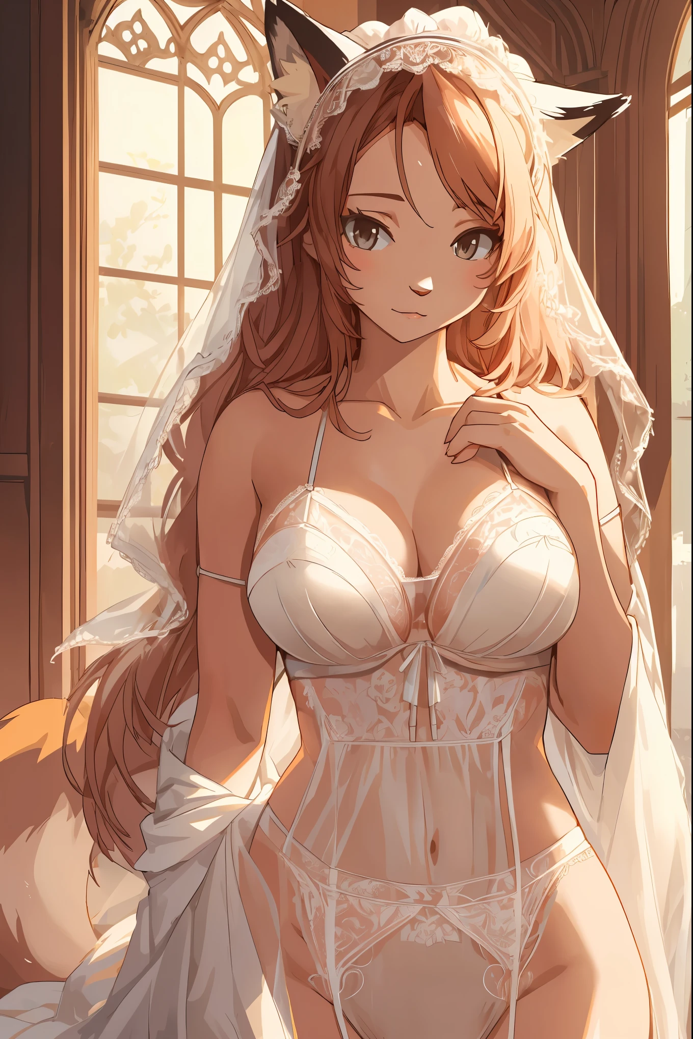 (hi res), ((Masterpiece)) , ((Best Quality)), illustartion, woman's, Fox, average breasts, upper body, furry, modest, with lace lingerie,