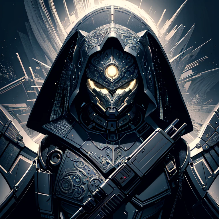(masterpiece, best quality:1.3),extremely high detailed, intricate, 8k, HDR, wallpaper, cinematic lighting, (universe),gun,(shooting position), glowing, armor, glowing eyes, mecha, large wings,