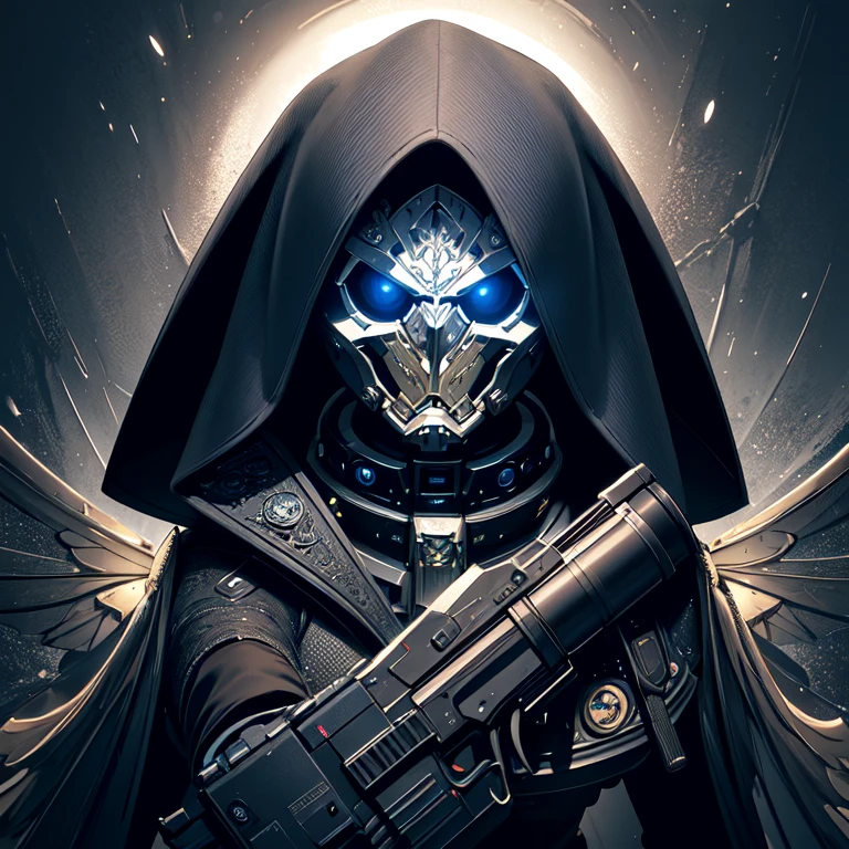(masterpiece, best quality:1.3),extremely high detailed, intricate, 8k, HDR, wallpaper, cinematic lighting, (universe),gun,(shooting position), glowing, armor, glowing eyes, mecha, large wings,