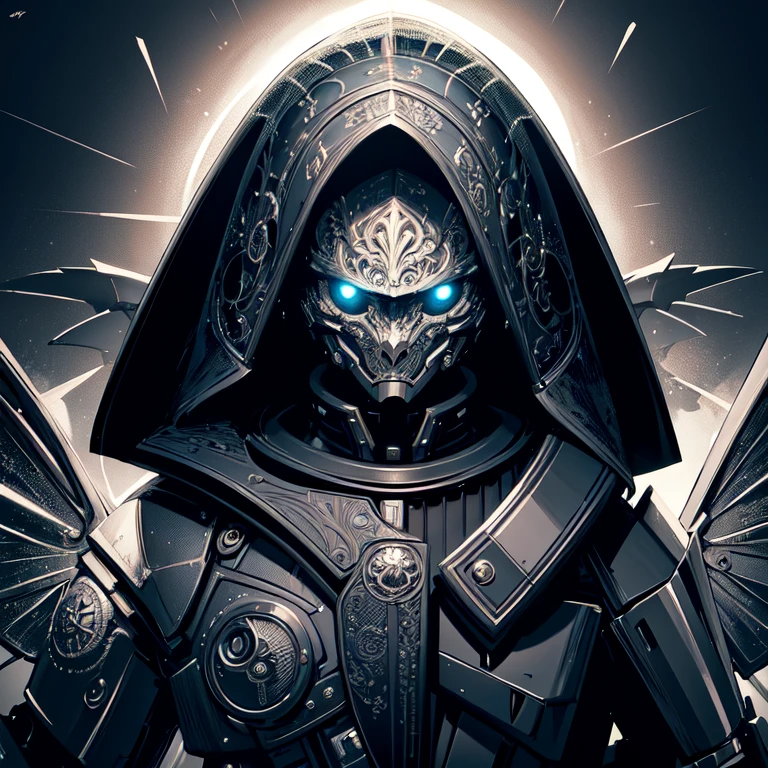 (masterpiece, best quality:1.3),extremely high detailed, intricate, 8k, HDR, wallpaper, cinematic lighting, (universe),gun,(shooting position), glowing, armor, glowing eyes, mecha, large wings,