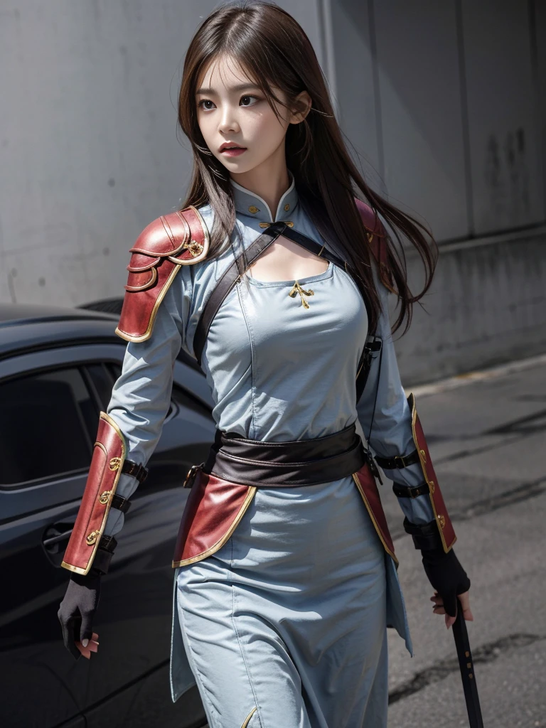 Chinese female general，Hua Mulan，Leather armor lined with reddish brown tabard，Battlefield Background，Hair bundles，