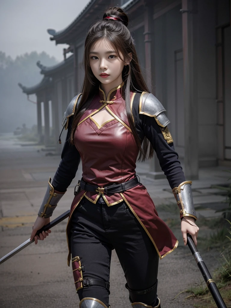 Chinese female general,Hua Mulan,Leather armor lined with reddish brown tabard,Battlefield Background,Hair bundles,
