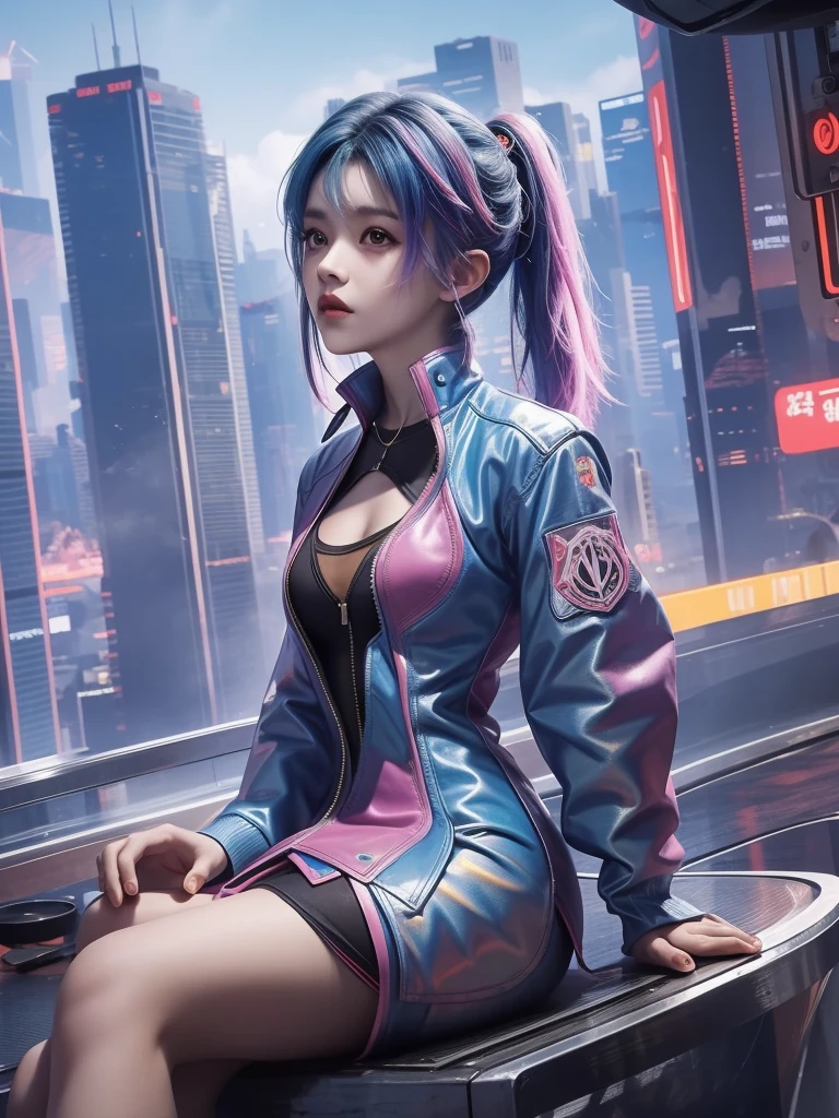 There is a woman sitting on a chair, Cyberpunk anime girl, female Cyberpunk anime girl, cyber school girl, Cyberpunk 2000. Model Girl, Fantasy Cyberpunk Girl, Digital Cyberpunk Anime Art, Low-key cyberpunk style, Cyberpunk clothing, Anime Cyberpunk Art, Popular on cgstation, Cyberpunk anime girl mech, Cyberpunk Anime Art, Cyberpunk Femme Fatale，student style，Guard