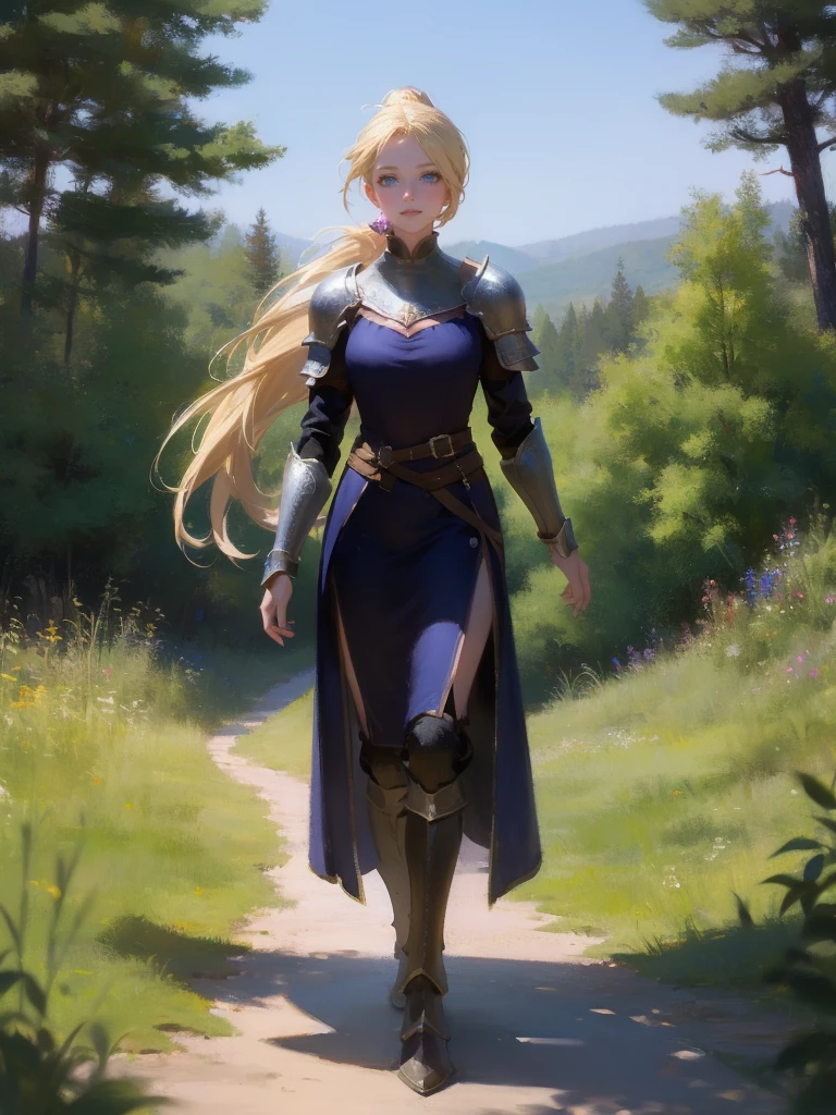 fantasy, 1 woman, Emily, 18 year old woman, mature and confident demeanor, full body illustration, long blond hair tied in a ponytail, hair comes down to her mid-back, crystal blue eyes, high detail, wearing light armor with a medieval renaissance style attire that is modest but feminine, intricate details, ultra high resolution, sharp focus, HD, 8k, clear facial features,clear details, walking through a path in the woods, zoomed out view