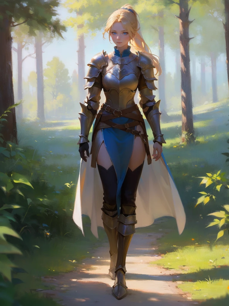 fantasy, 1 woman, Emily, 18 year old woman, mature and confident demeanor, full body illustration, long blond hair tied in a ponytail, hair comes down to her mid-back, crystal blue eyes, high detail, wearing light armor with a medieval renaissance style attire that is modest but feminine, intricate details, ultra high resolution, sharp focus, HD, 8k, clear facial features,clear details, walking through a path in the woods, zoomed out view
