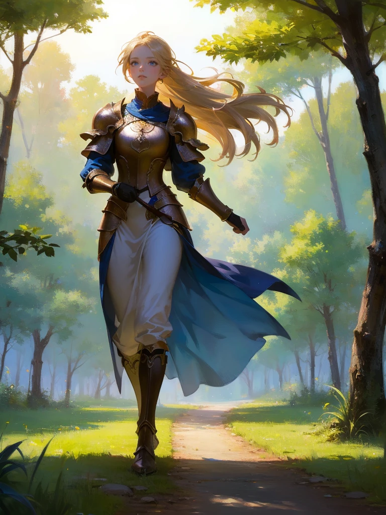 fantasy, 1 woman, Emily, 18 year old woman, mature and confident demeanor, full body illustration, long blond hair tied in a ponytail, hair comes down to her mid-back, crystal blue eyes, high detail, wearing light armor with a medieval renaissance style attire that is modest but feminine, intricate details, ultra high resolution, sharp focus, HD, 8k, clear facial features,clear details, walking through a path in the woods, zoomed out view