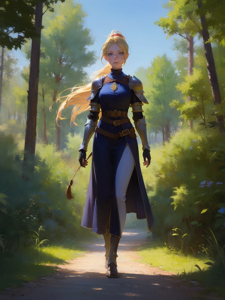 fantasy, 1 woman, Emily, 18 year old woman, mature and confident demeanor, full body illustration, long blond hair tied in a ponytail, hair comes down to her mid-back, crystal blue eyes, high detail, wearing light armor with a medieval renaissance style attire that is modest but feminine, intricate details, ultra high resolution, sharp focus, HD, 8k, clear facial features,clear details, walking through a path in the woods, zoomed out view