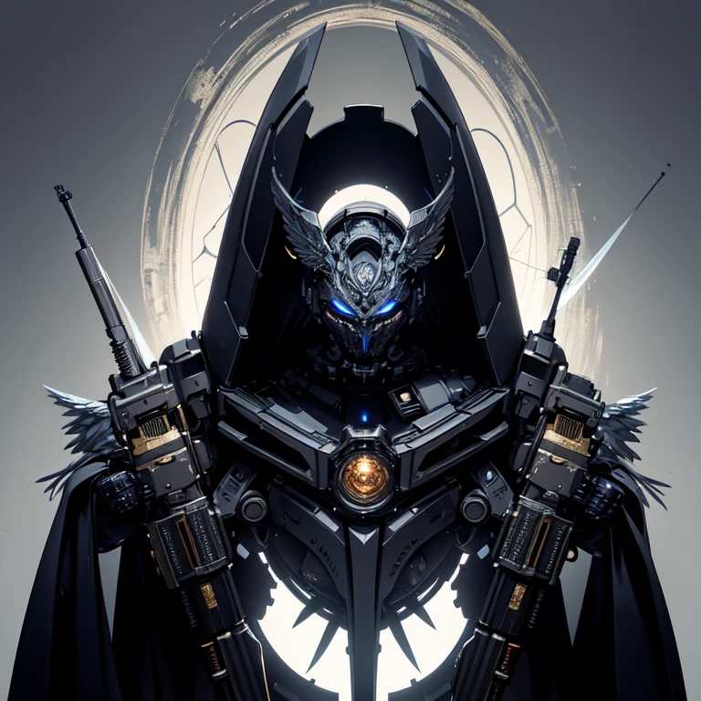 (masterpiece, best quality:1.3),extremely high detailed, intricate, 8k, HDR, wallpaper, cinematic lighting, (universe),gun,(shooting position), glowing, armor, glowing eyes, mecha, large wings,