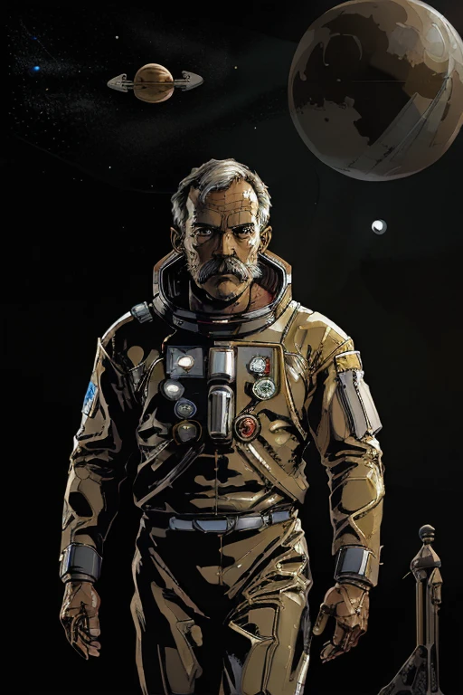 (((he wears an astronaut uniform he is on an uninhabitable planet))), barba,nojento,60-year-old homens, he walks the moon looking for alien life 
