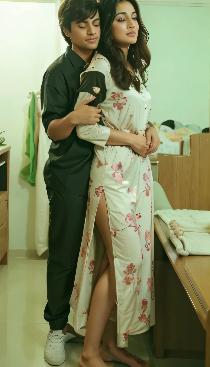 A couple romancing, hugging from behind. Girls in long kameez without pajama pant, her legs and thigh visible from side of her dress.